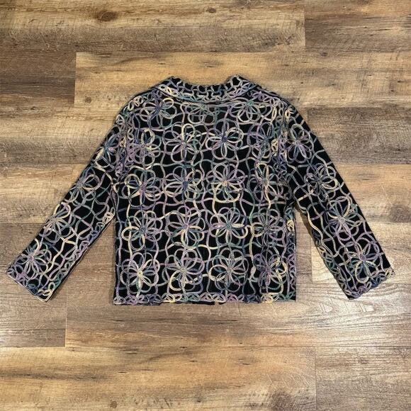Casual Studio Black Floral Ribbon Swirl Embroidered Sheer Jacket L Art to Wear - Picture 2 of 10